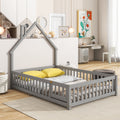 Full House Shaped Headboard Floor Bed With Fence ,Grey Full Grey Wood Bedroom American Design Pine Bed Frame Pine