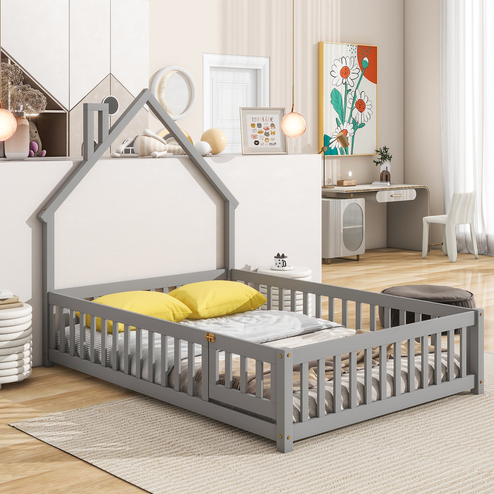 Full House Shaped Headboard Floor Bed With Fence ,Grey Full Grey Wood Bedroom American Design Pine Bed Frame Pine