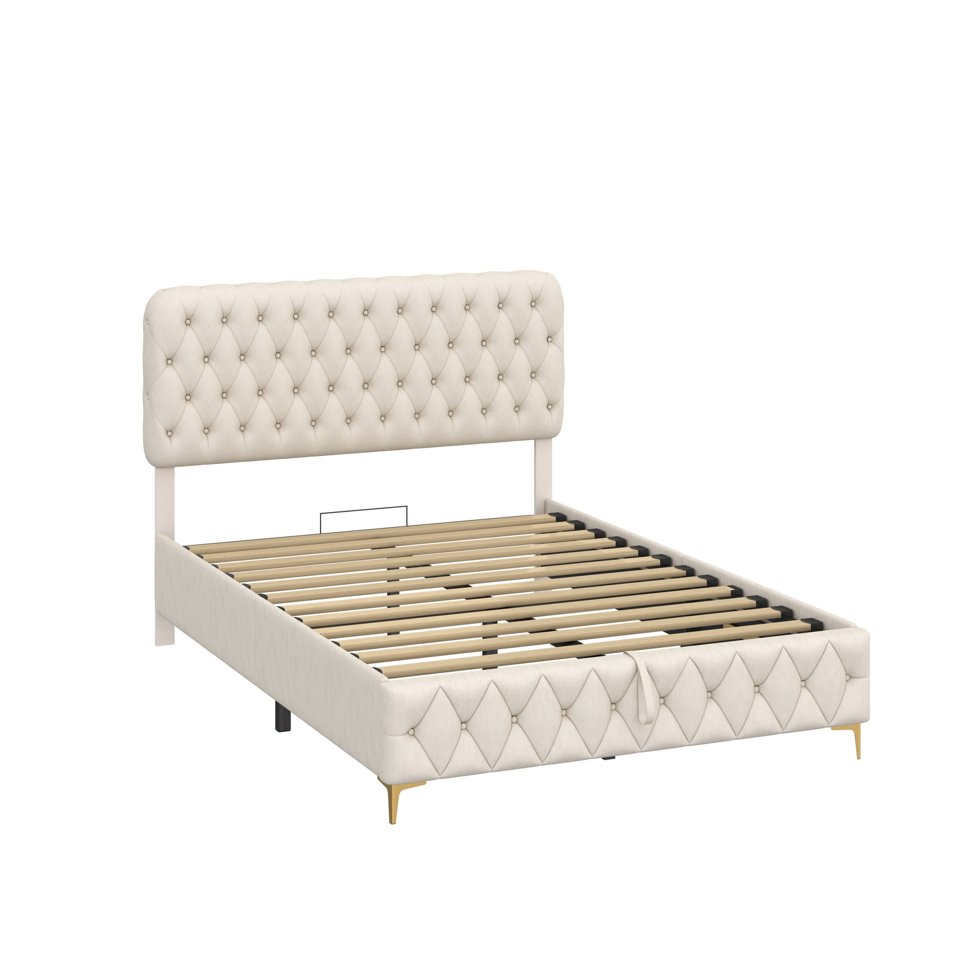 Queen Platform Bed Frame With Pneumatic Hydraulic Function, Velvet Upholstered Bed With Deep Tufted Buttons, Lift Up Storage Bed With Hidden Underbed Oversized Storage, Beige Queen Beige Velvet