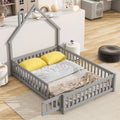 Full House Shaped Headboard Floor Bed With Fence ,Grey Full Grey Wood Bedroom American Design Pine Bed Frame Pine