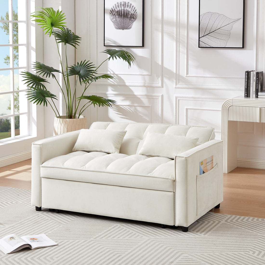 Modern Velvet Convertible Loveseat Sleeper Sofa Couch With Adjustable Backrest, 2 Seater Sofa With Pull Out Bed With 2 Lumbar Pillows For Small Living Room & Apartment Ivory Foam Velvet