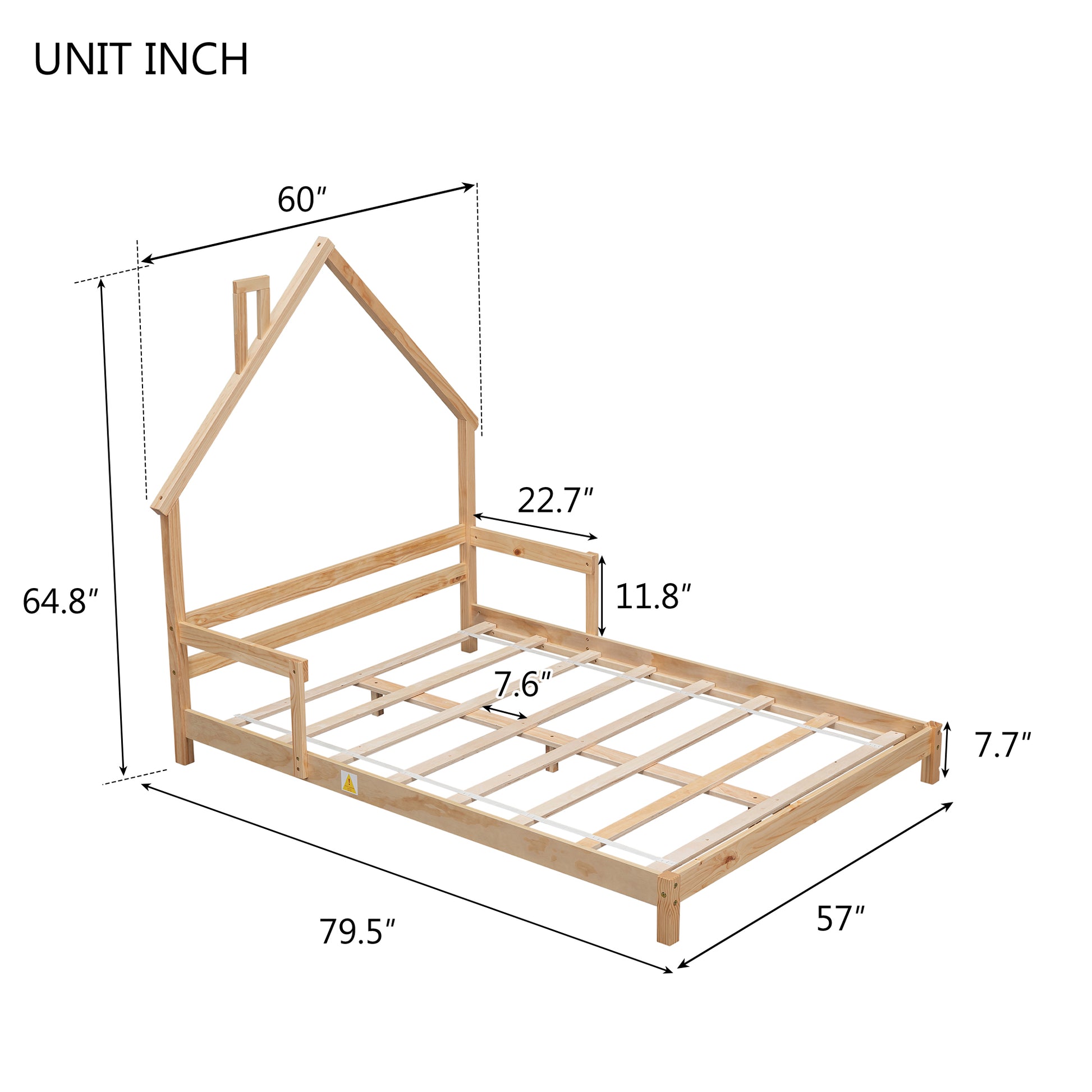 Full House Shaped Headboard Bed With Handrails ,Slats,Natural Full Natural Wood Bedroom American Design Pine Bed Frame Pine