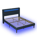 Queen Size Bedframe With Led Bedside Induction Light, Wrapped In Linen, Bedside Atmosphere Light, Anti Slip And Noise Free, Easy To Assemble, Dark Blue Queen Black Blue Iron Iron