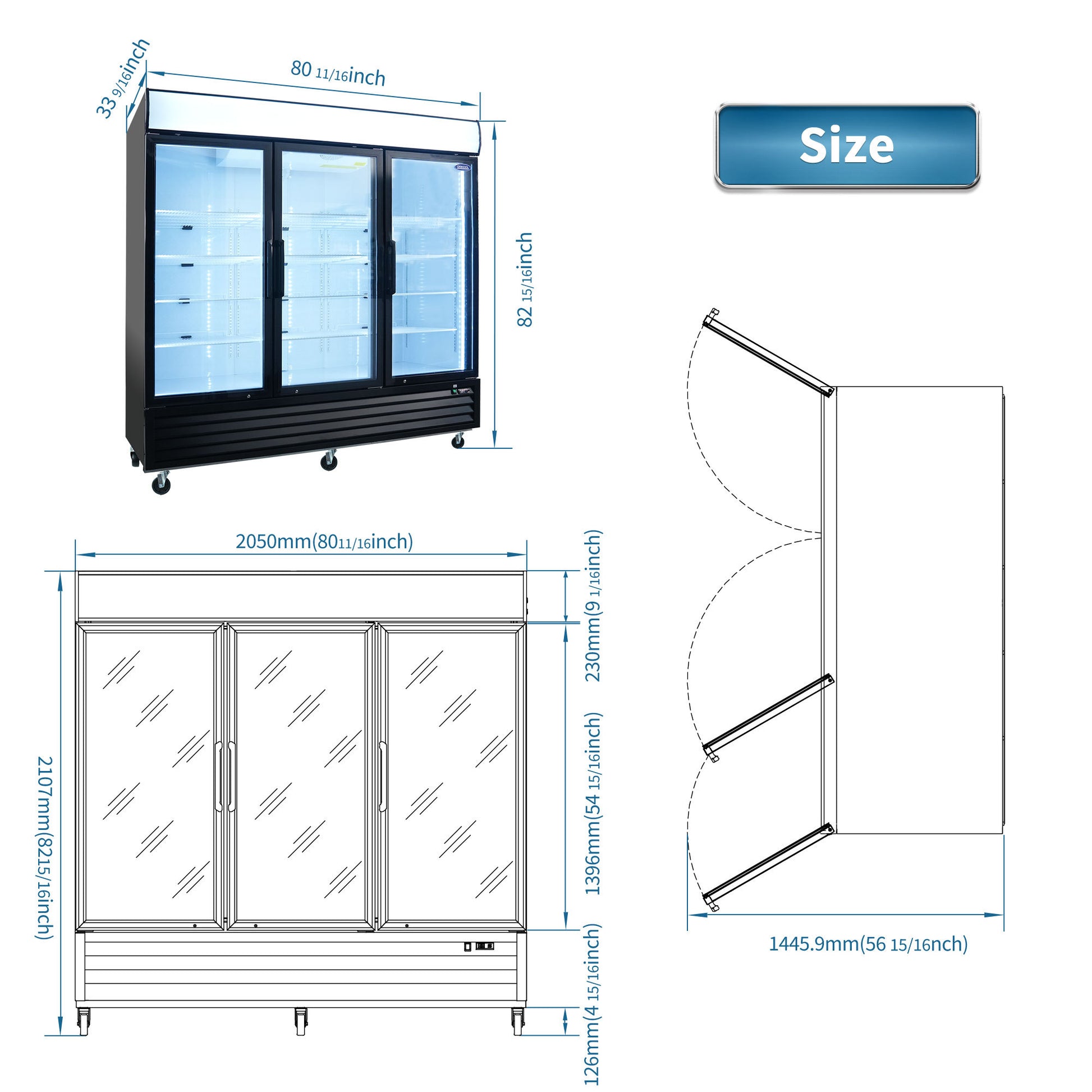 Orikool Glass Door Merchandiser Refrigerator 70 Cu.Ft Swing Door Commercial Display Refrigerators Merchandising Refrigeration With Led Top Panel Black Steel