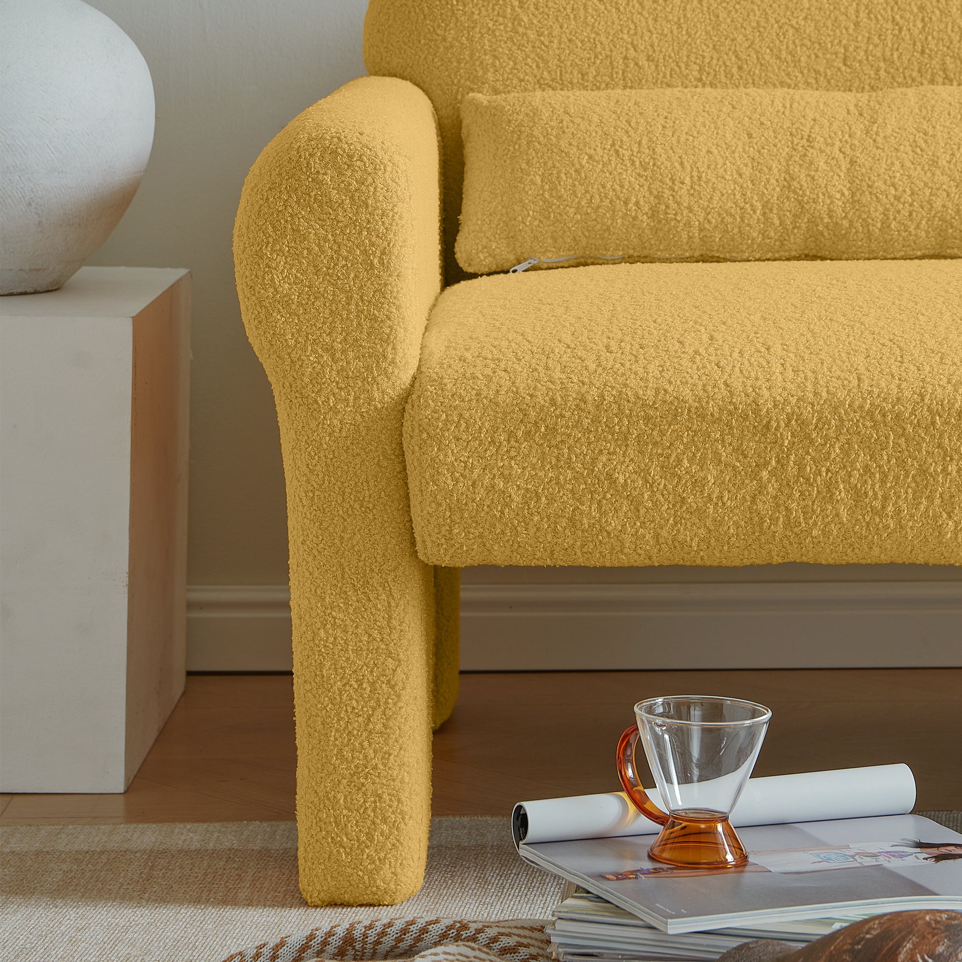 Modern Boucle Accent Chair With Lumbar Pillow For Living Room Antique Yellow Wood Dining Room Modern Fabric 1 Seat