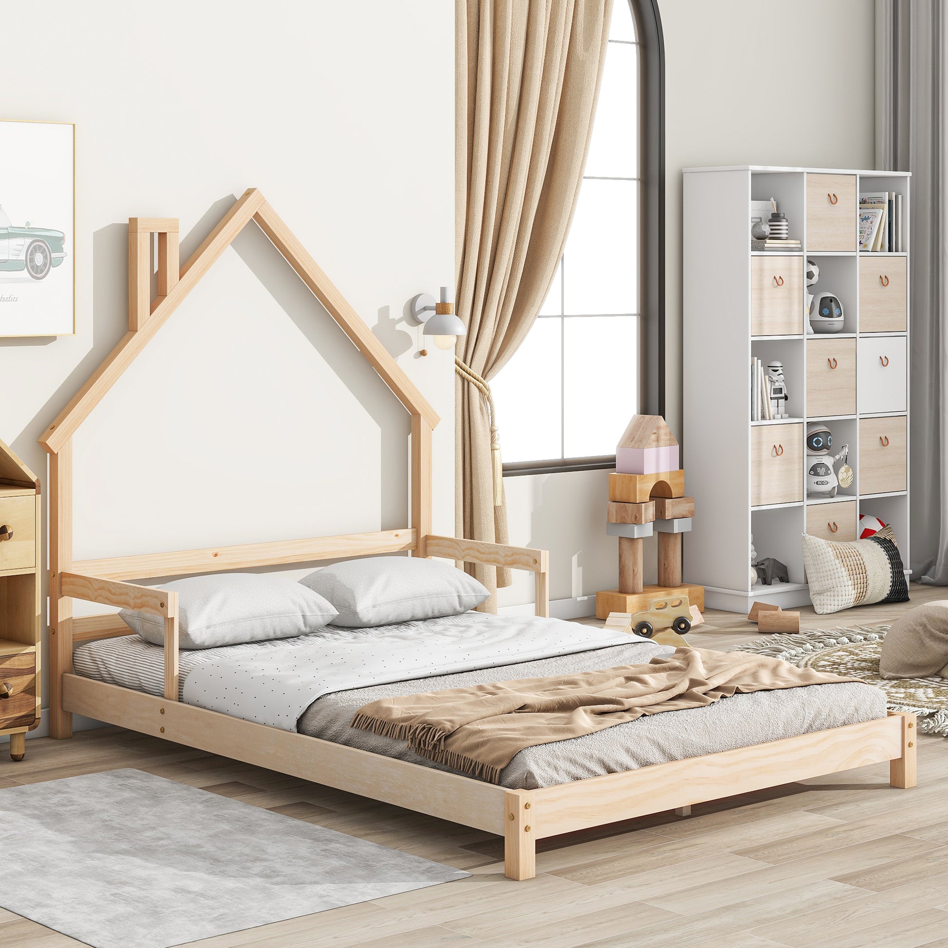 Full House Shaped Headboard Bed With Handrails ,Slats,Natural Full Natural Wood Bedroom American Design Pine Bed Frame Pine