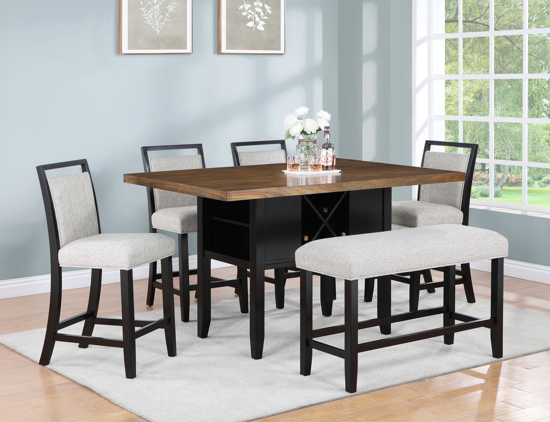 6 Piece Counter Height Dining Set Black Brown Finish Rectangular Table Wine Bottle Storage Upholstery Chairs Bench Shelf Storage Wooden Solid Wood Furniture Wood Dining Room Fixed Table Rectangular Dining Table With Chair And Bench Wood Wood Black Seats