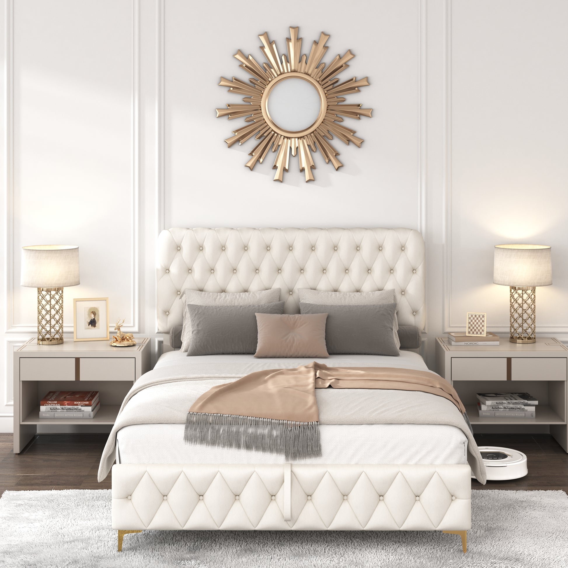 Full Platform Bed Frame With Pneumatic Hydraulic Function, Velvet Upholstered Bed With Deep Tufted Buttons, Lift Up Storage Bed With Hidden Underbed Oversized Storage, Beige Full Beige Velvet