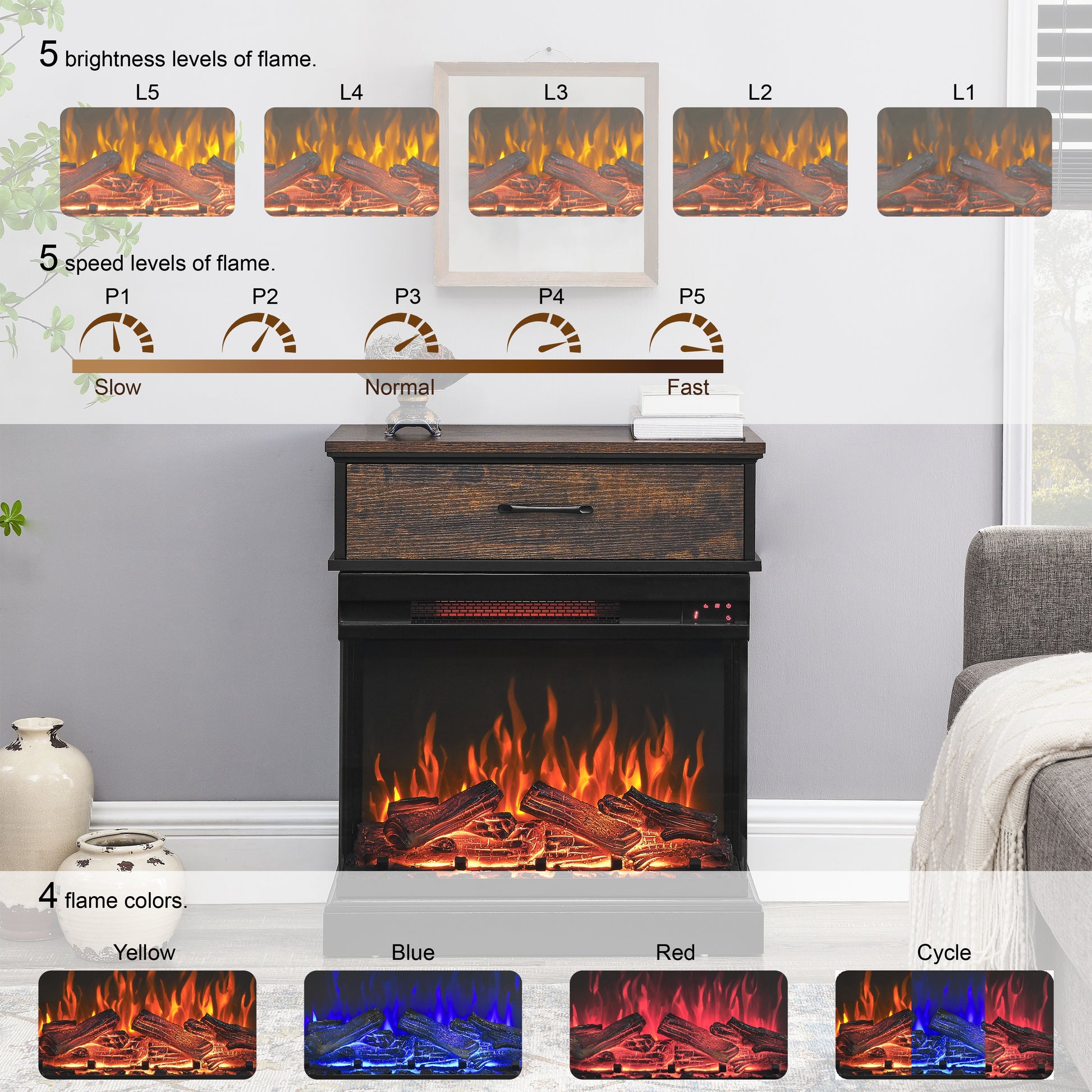 25 Inch Stand Side Table With 3 Sided Glass Electric Fireplace Powder Coated Electric Antique Black Vent Free Primary Living Space Yes Insert Wood Stainless Steel Glass Electric