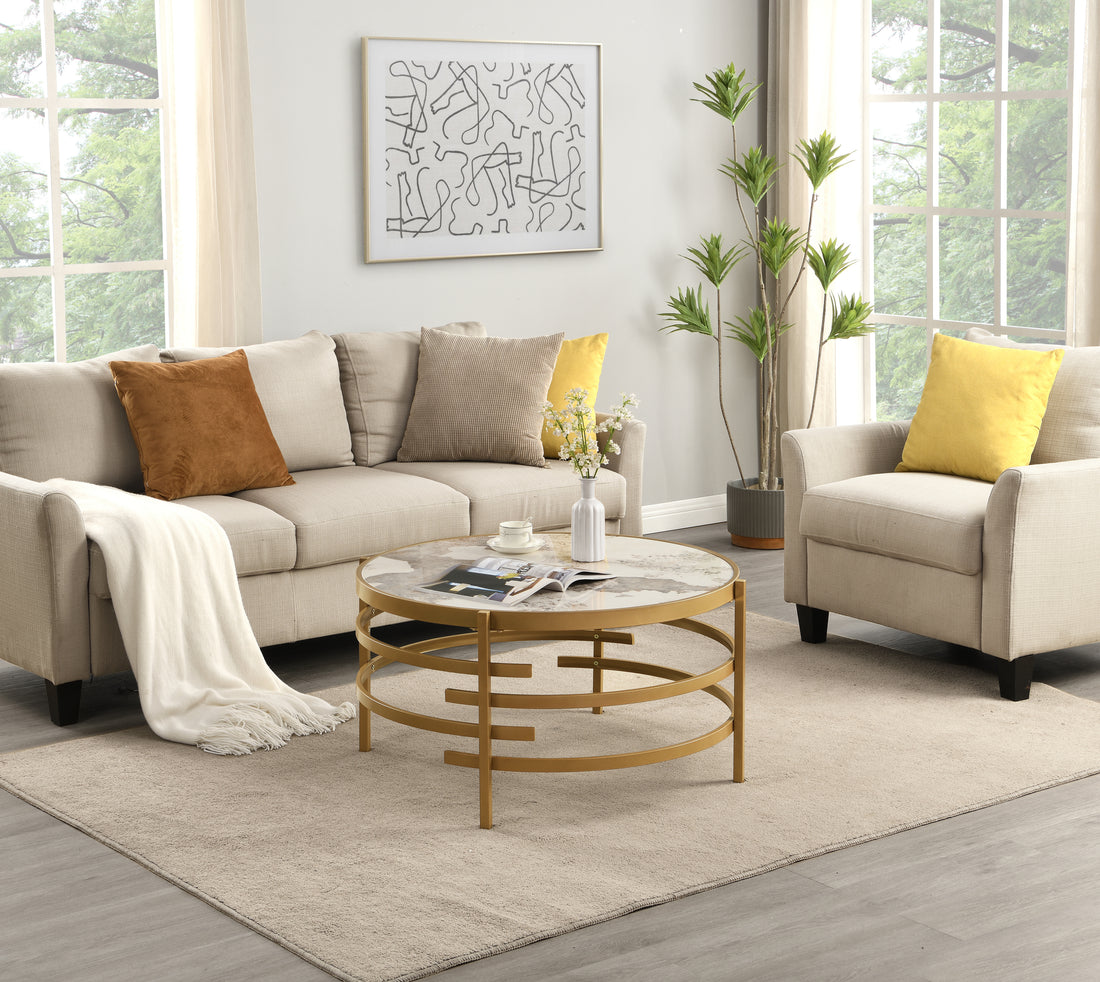 32.48'' Round Coffee Table With Sintered Stone Top&Sturdy Metal Frame, Modern Coffee Table For Living Room, Golden Golden Iron