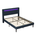 Queen Size Bedframe With Led Bedside Induction Light, Wrapped In Linen, Bedside Atmosphere Light, Anti Slip And Noise Free, Easy To Assemble, Dark Blue Queen Black Blue Iron Iron