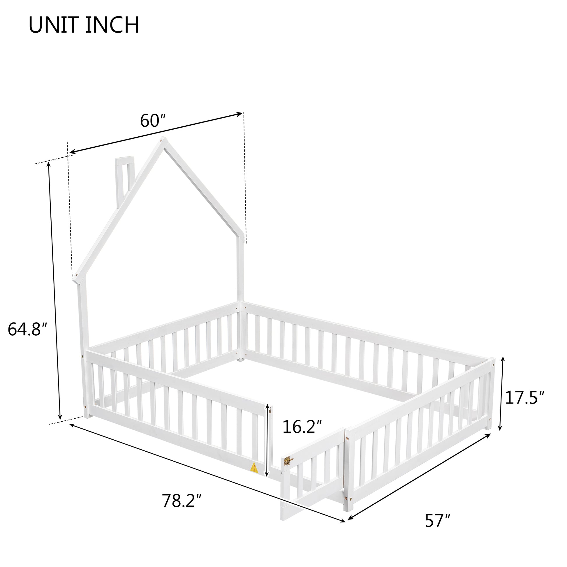 Full House Shaped Headboard Floor Bed With Fence ,White Full White Wood Bedroom American Design Pine Bed Frame Pine