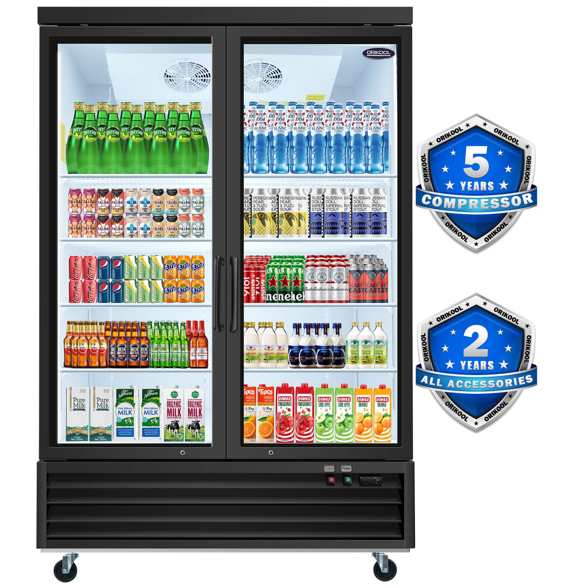 Orikool Glass Door Merchandiser Refrigerator 44.7 Cu.Ft Swing Door Commercial Display Refrigerators Merchandising Refrigeration Black Steel