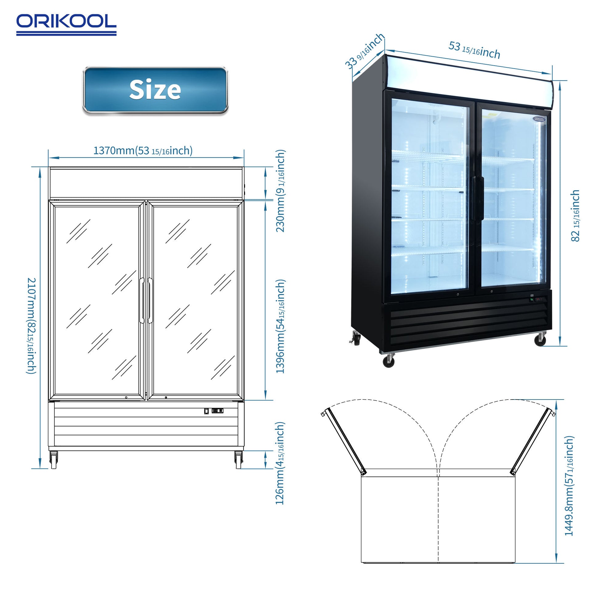 Orikool Glass Door Merchandiser Refrigerator 44.7 Cu.Ft Swing Door Commercial Display Refrigerators Merchandising Refrigeration With Led Top Panel Black Steel