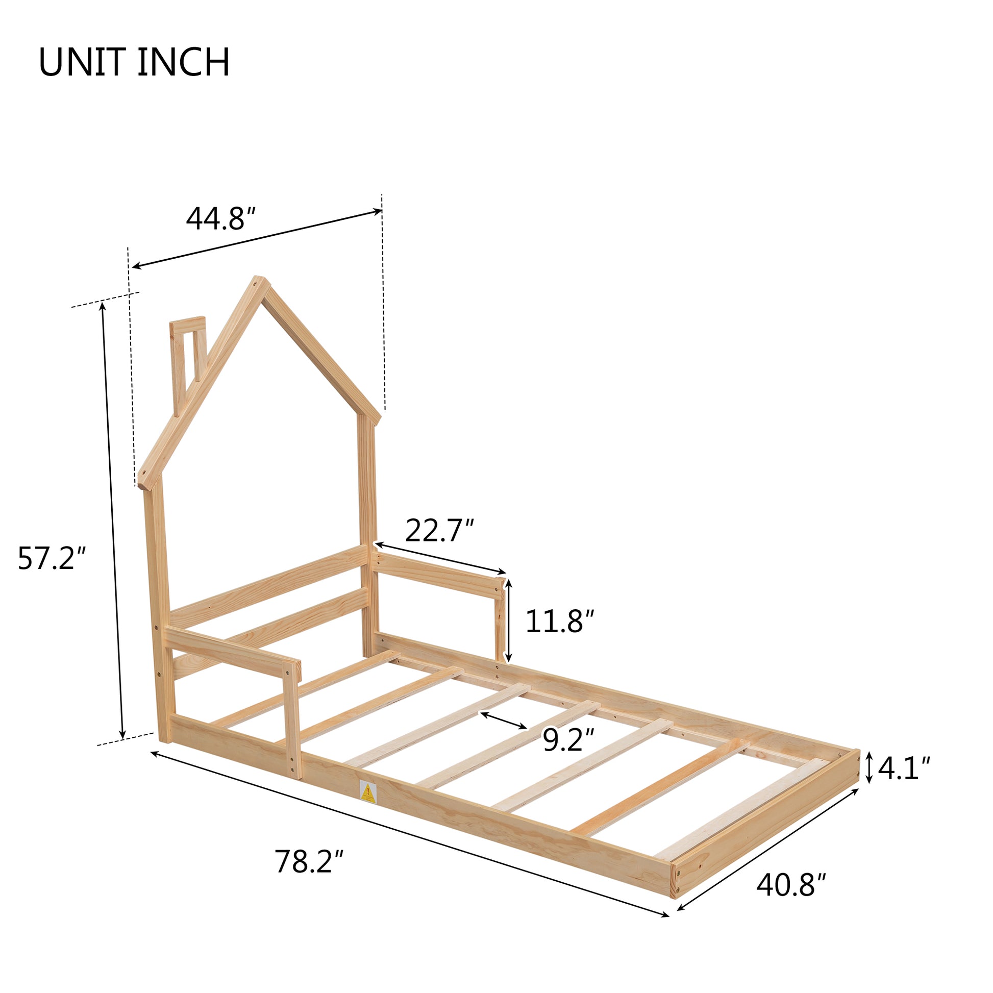 Twin House Shaped Headboard Floor Bed With Handrails ,Slats ,Natural Twin Natural Wood Bedroom American Design Pine Bed Frame Pine