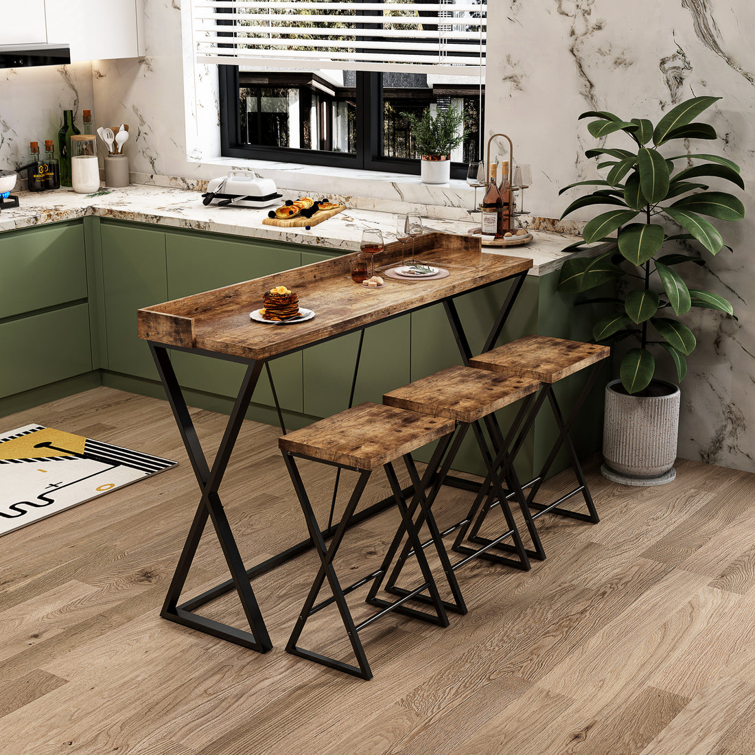 Modern Design Kitchen Dining Table, Pub Table With X Shaped Table Legs, Long Dining Table Set With 3 Stools, Easy Assemble, Natural Natural Mdf Metal