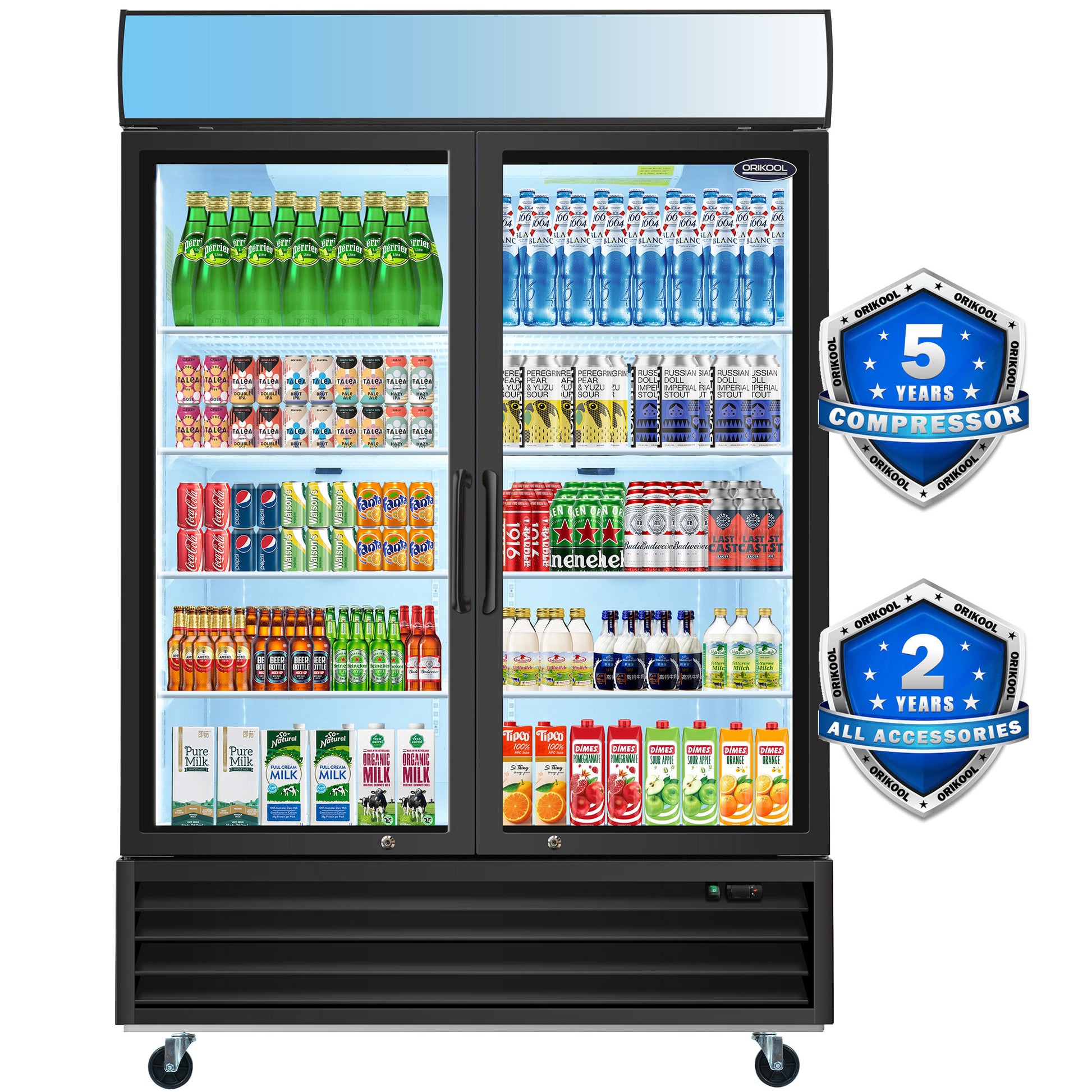 Orikool Glass Door Merchandiser Refrigerator 44.7 Cu.Ft Swing Door Commercial Display Refrigerators Merchandising Refrigeration With Led Top Panel Black Steel