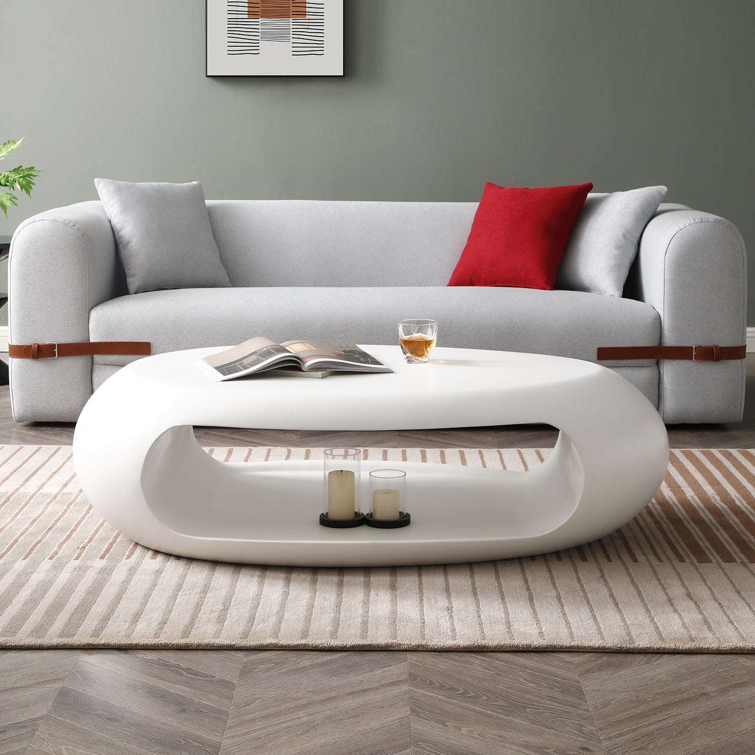 48.42'' Modern Oval Coffee Table, Sturdy Fiberglass Center Cocktail Table Tea Table For Living Room, White, No Need Assembly White Fiberglass