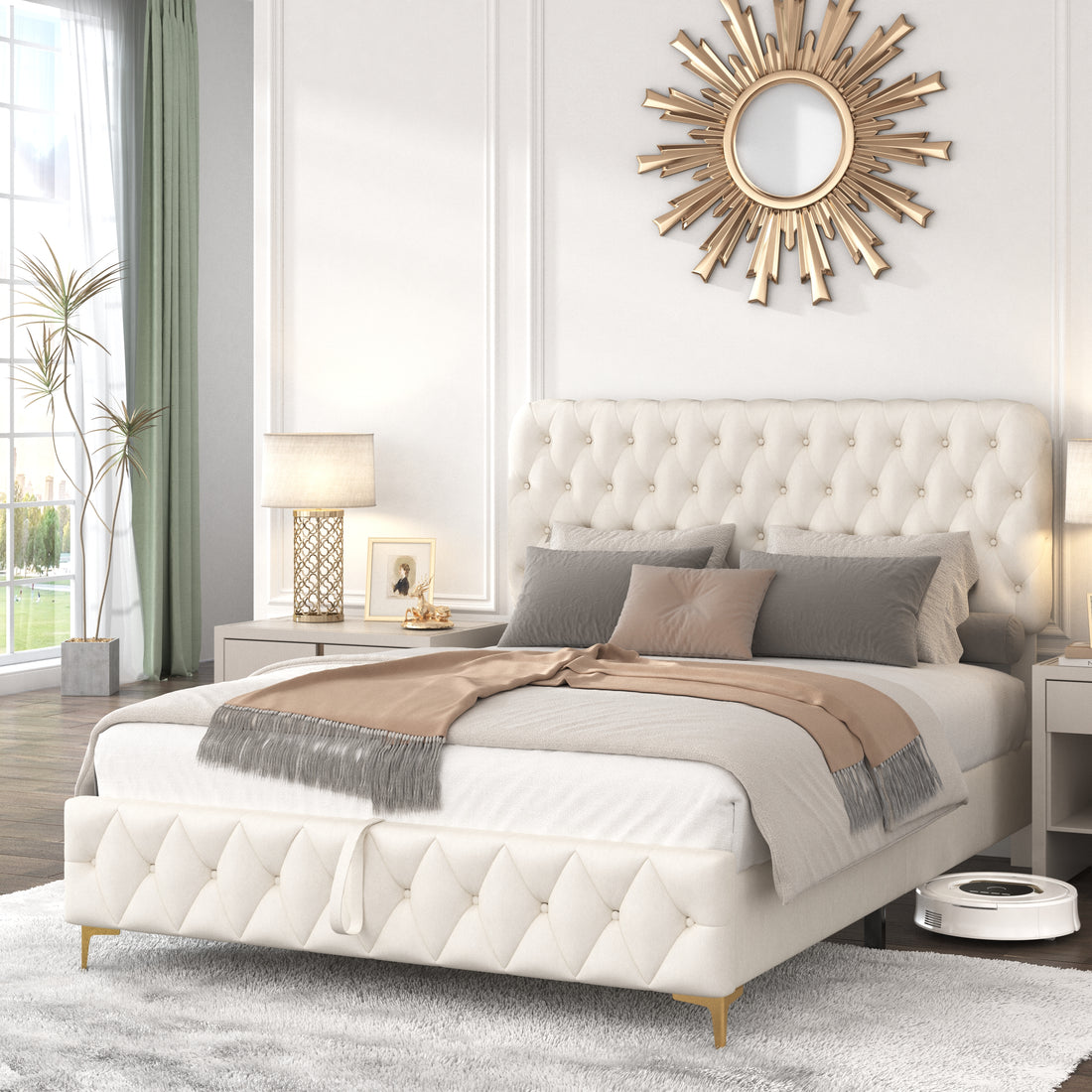 Full Platform Bed Frame With Pneumatic Hydraulic Function, Velvet Upholstered Bed With Deep Tufted Buttons, Lift Up Storage Bed With Hidden Underbed Oversized Storage, Beige Full Beige Velvet