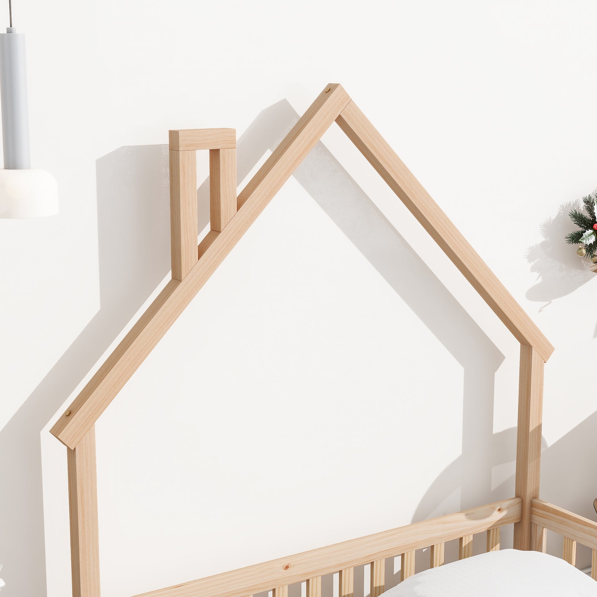 Full House Shaped Headboard Floor Bed With Fence,Natural Full Natural Wood Bedroom American Design Pine Bed Frame Pine