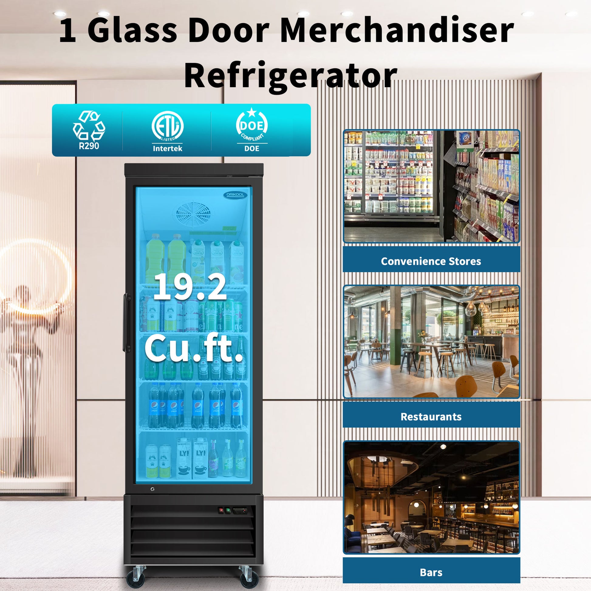 Orikool Glass Door Merchandiser Refrigerator 19.2 Cu.Ft Swing Door Commercial Display Refrigerators Merchandising Refrigeration With Led Top Panel Black Steel