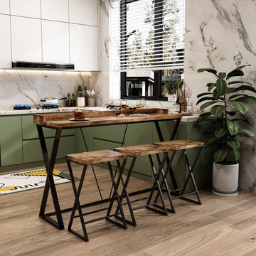 Modern Design Kitchen Dining Table, Pub Table With X Shaped Table Legs, Long Dining Table Set With 3 Stools, Easy Assemble, Natural Natural Mdf Metal