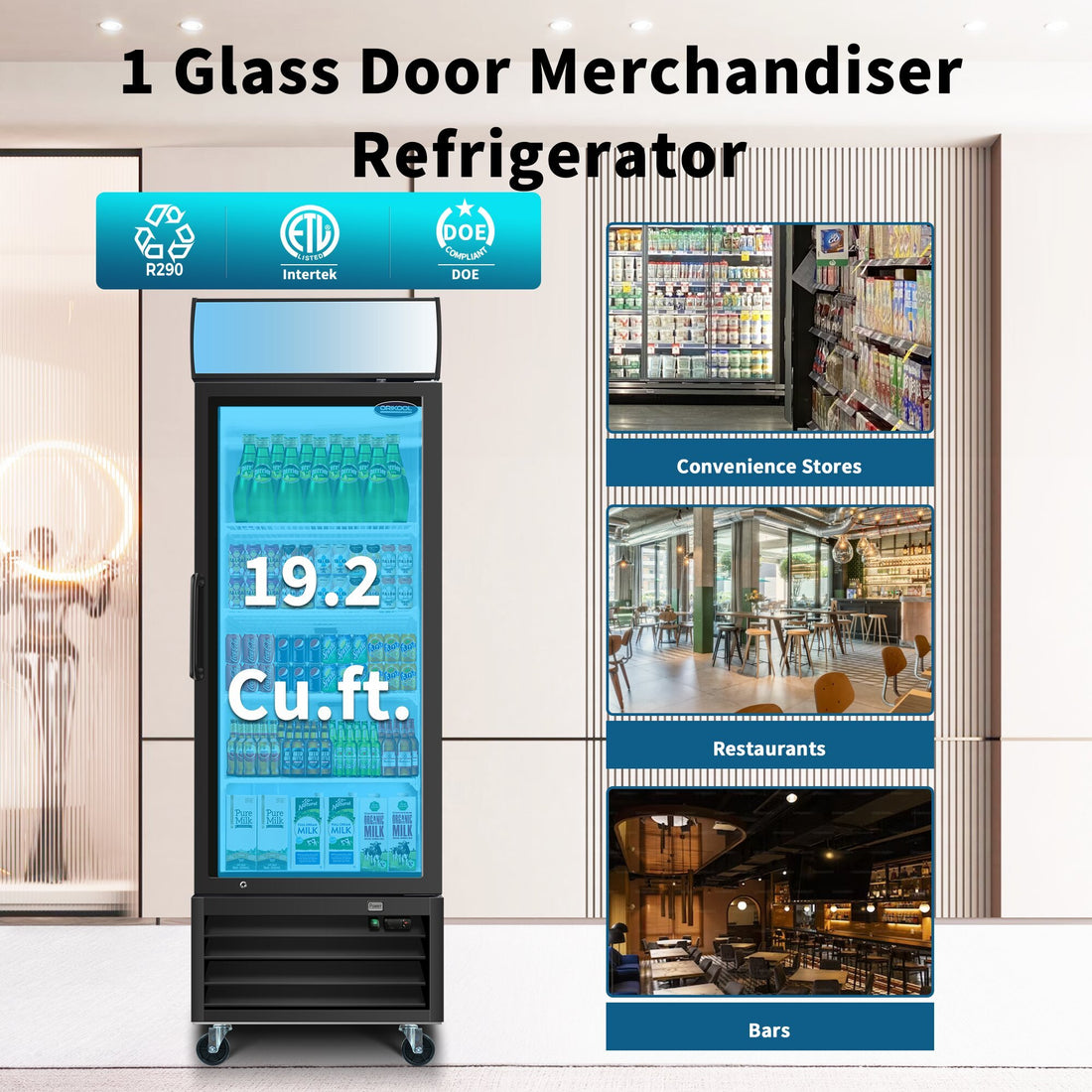 Orikool Glass Door Merchandiser Refrigerator 19.3 Cu.Ft Swing Door Commercial Display Refrigerators Merchandising Refrigeration With Led Top Panel Black Steel