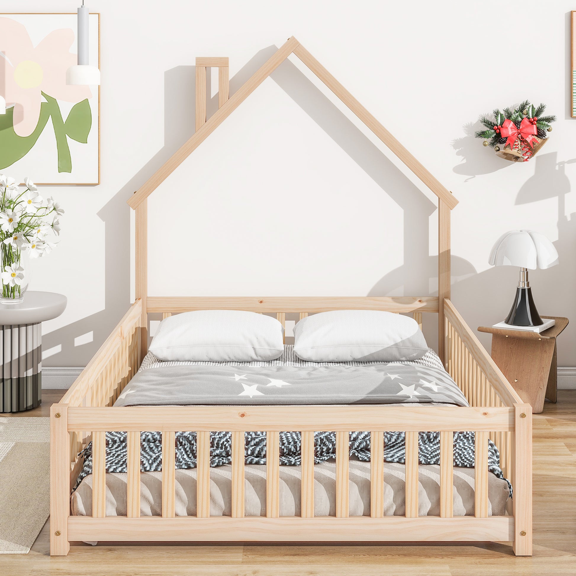 Full House Shaped Headboard Floor Bed With Fence,Natural Full Natural Wood Bedroom American Design Pine Bed Frame Pine