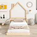 Twin House Shaped Headboard Floor Bed With Handrails ,Slats ,Natural Twin Natural Wood Bedroom American Design Pine Bed Frame Pine