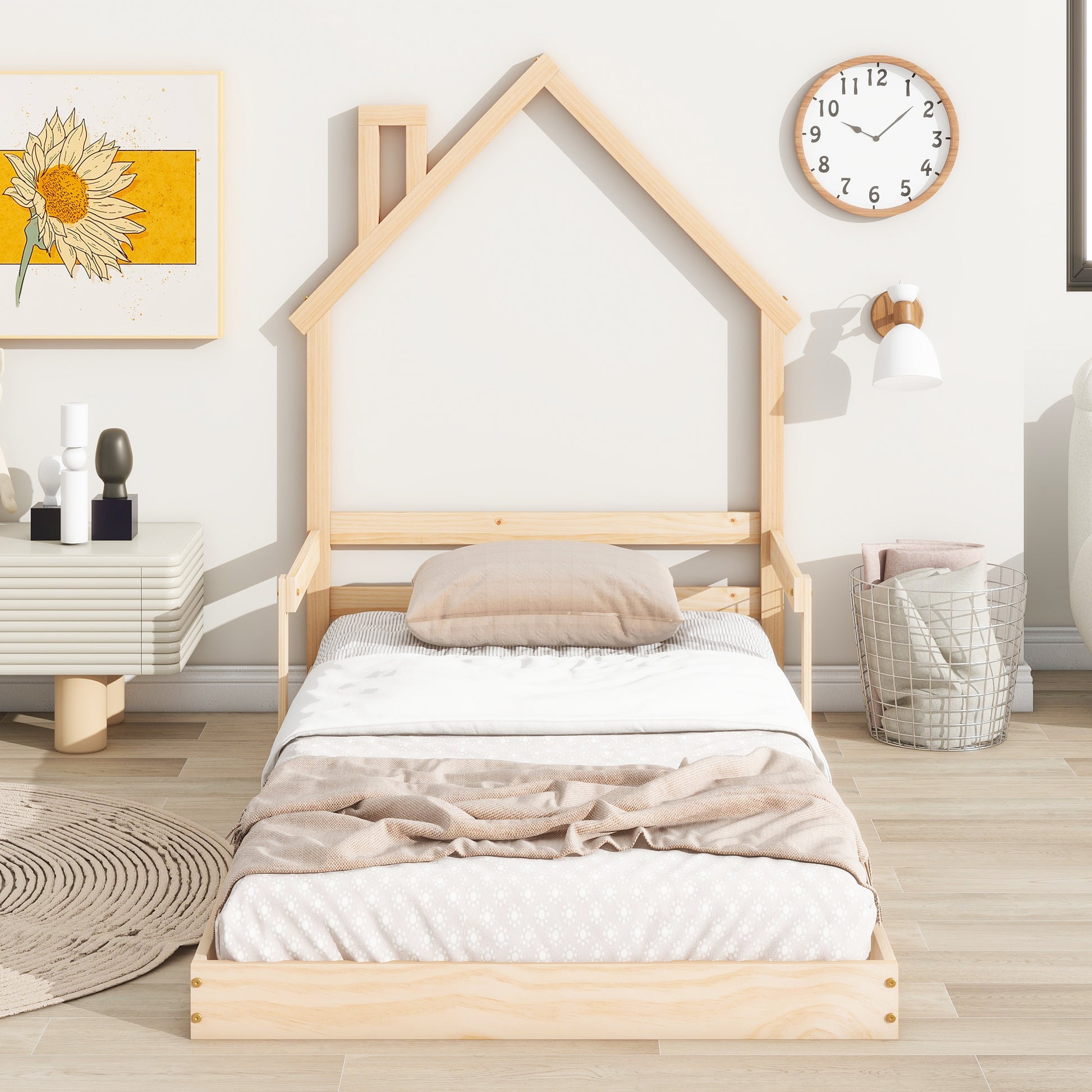 Twin House Shaped Headboard Floor Bed With Handrails ,Slats ,Natural Twin Natural Wood Bedroom American Design Pine Bed Frame Pine