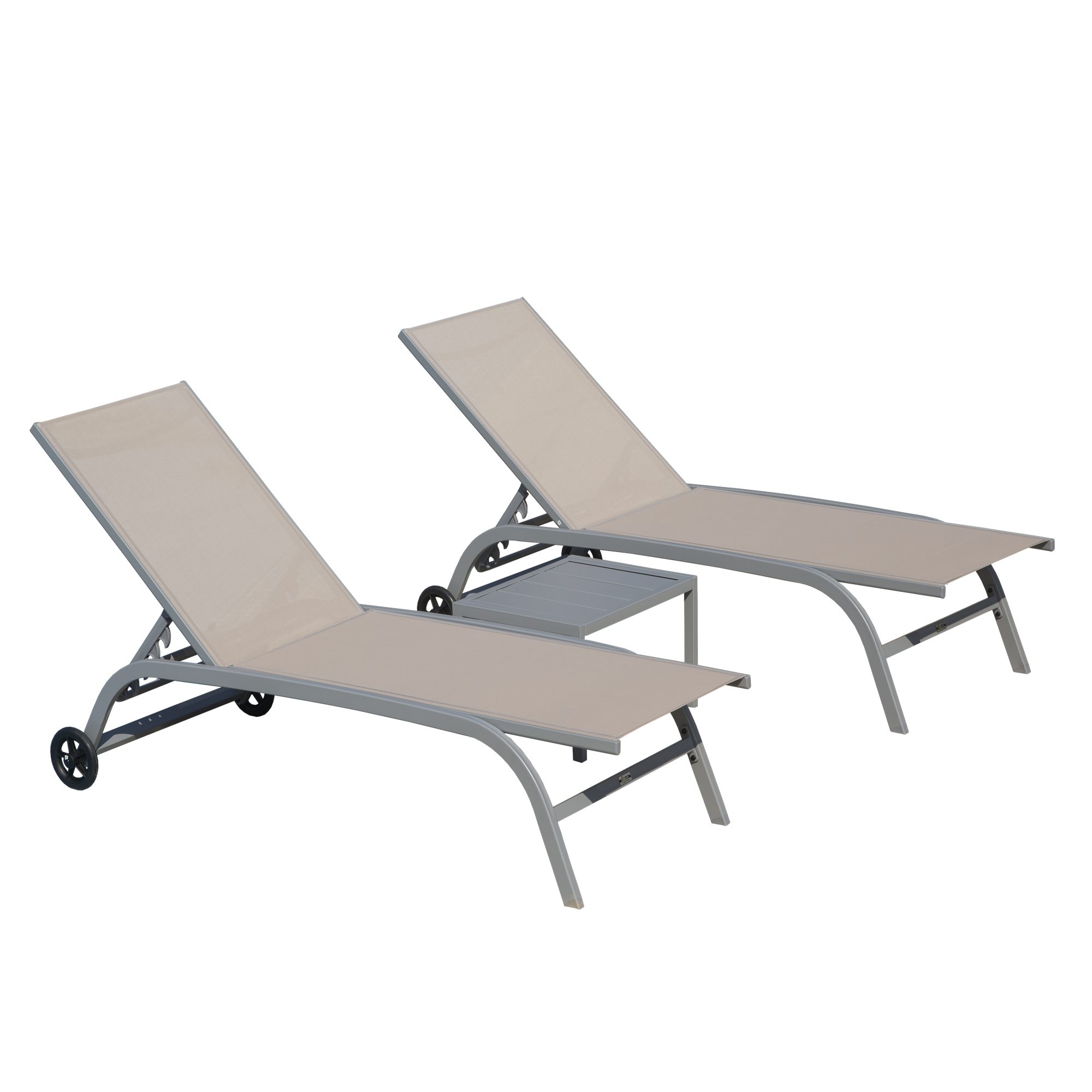 Chaise Lounge Outdoor Set Of 3, Lounge Chairs For Outside With Wheels, Outdoor Lounge Chairs With 5 Adjustable Position, Pool Lounge Chairs For Patio, Beach Khaki,2 Lounge Chairs 1 Table Khaki Aluminium