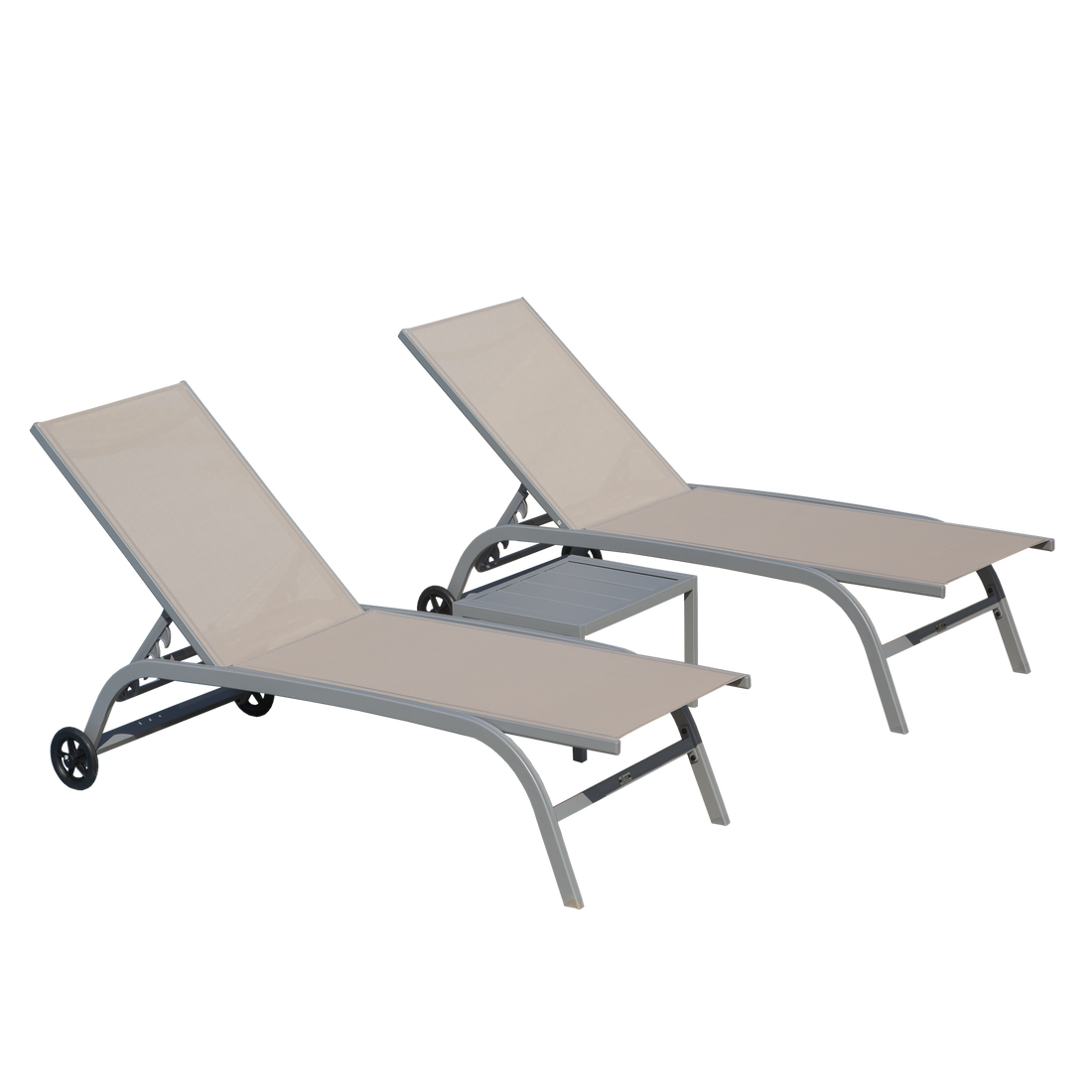 Chaise Lounge Outdoor Set Of 3, Lounge Chairs For Outside With Wheels, Outdoor Lounge Chairs With 5 Adjustable Position, Pool Lounge Chairs For Patio, Beach Khaki,2 Lounge Chairs 1 Table Khaki Aluminium