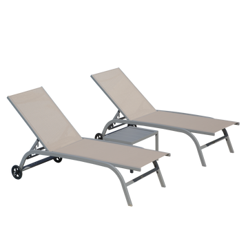 Chaise Lounge Outdoor Set Of 3, Lounge Chairs For Outside With Wheels, Outdoor Lounge Chairs With 5 Adjustable Position, Pool Lounge Chairs For Patio, Beach Khaki,2 Lounge Chairs 1 Table Khaki Aluminium