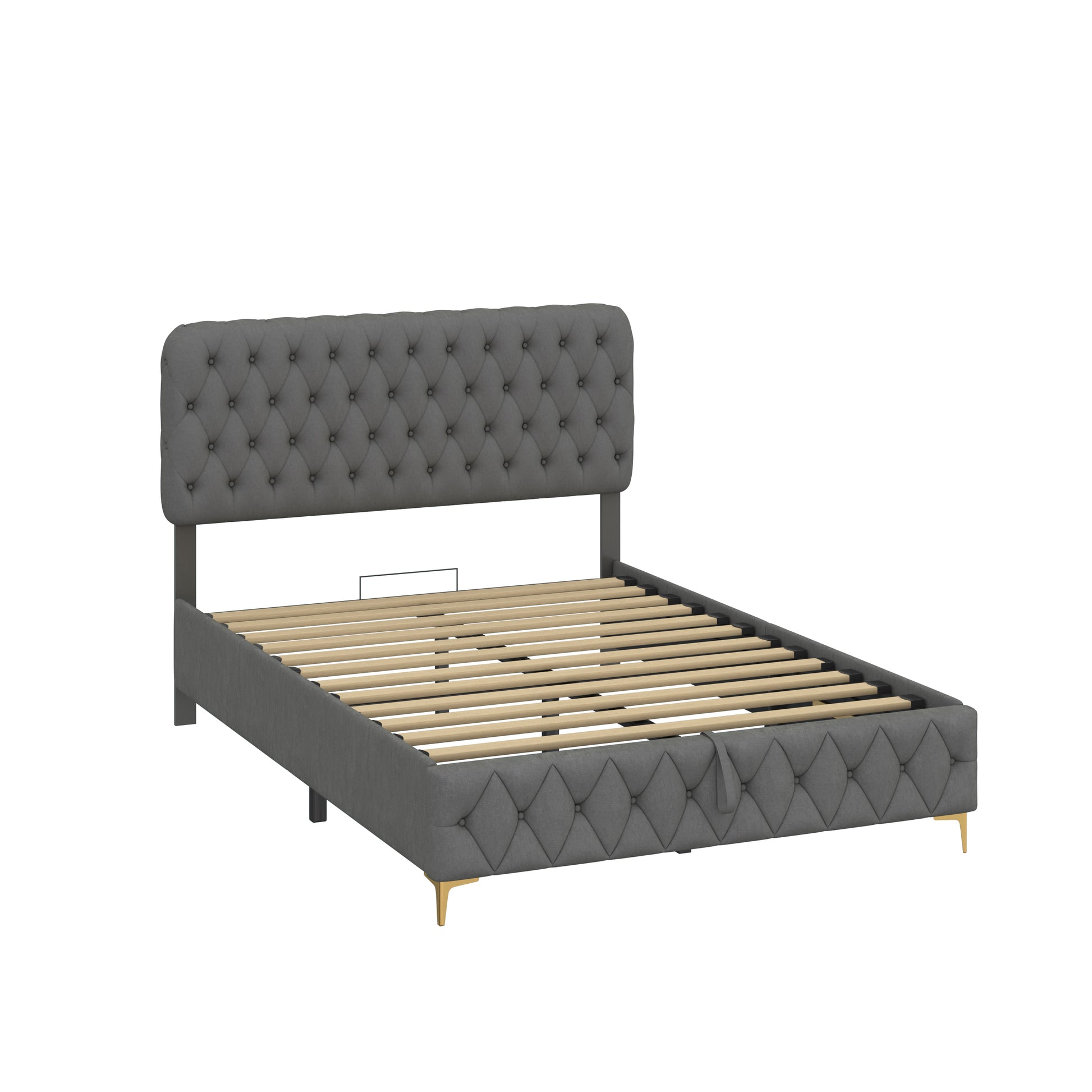 Full Platform Bed Frame With Pneumatic Hydraulic Function, Velvet Upholstered Bed With Deep Tufted Buttons, Lift Up Storage Bed With Hidden Underbed Oversized Storage, Gray Full Grey Velvet