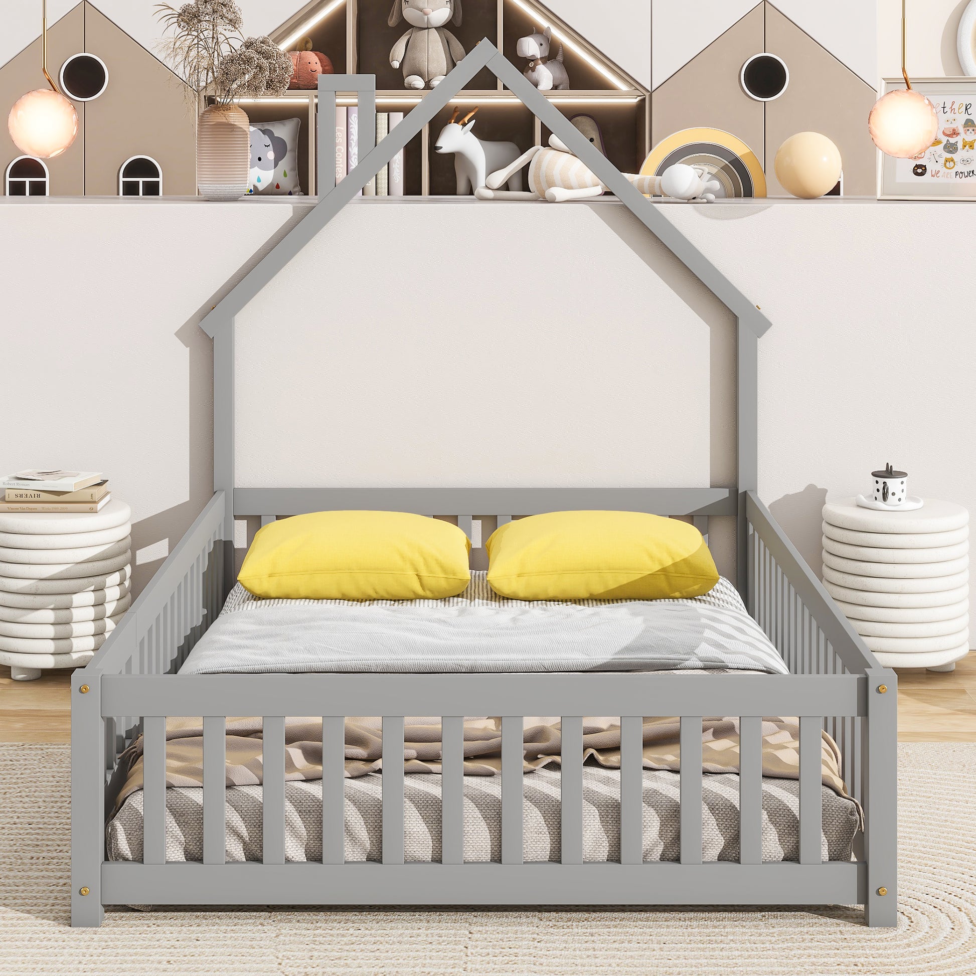 Full House Shaped Headboard Floor Bed With Fence ,Grey Full Grey Wood Bedroom American Design Pine Bed Frame Pine