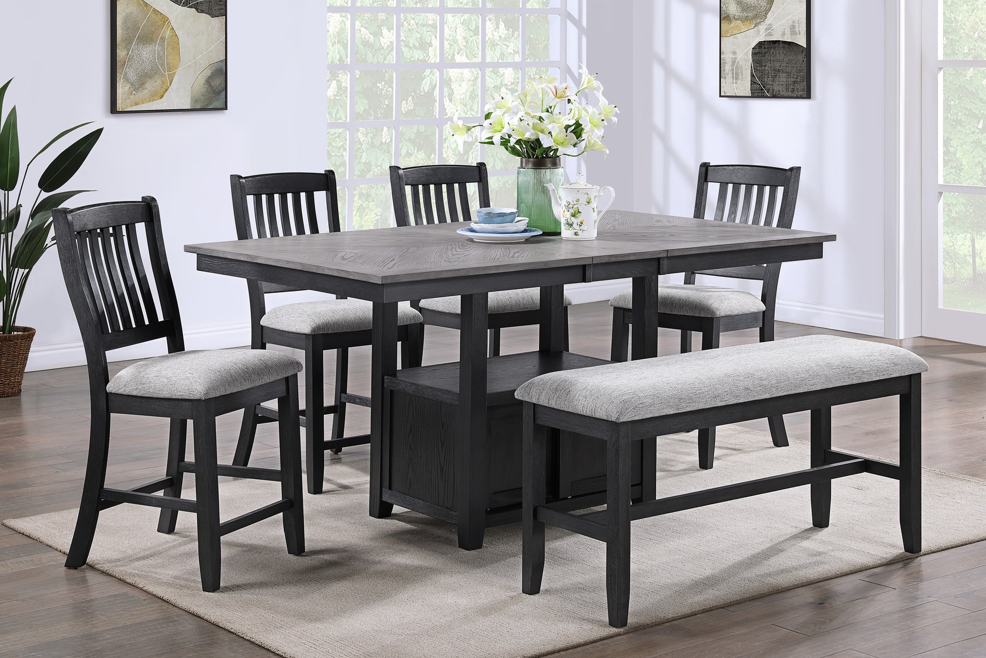 1Pc Transitional Farmhouse Counter Height Table Storage Light Grey Single Pedestal Rectangular Top 12" Leaf Extendable Table Wooden Dining Furniture Black Gray Seats 6 Dining Room