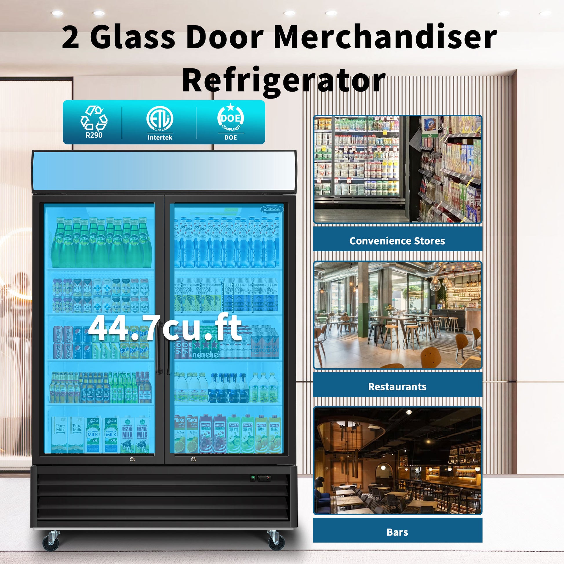 Orikool Glass Door Merchandiser Refrigerator 44.7 Cu.Ft Swing Door Commercial Display Refrigerators Merchandising Refrigeration With Led Top Panel Black Steel