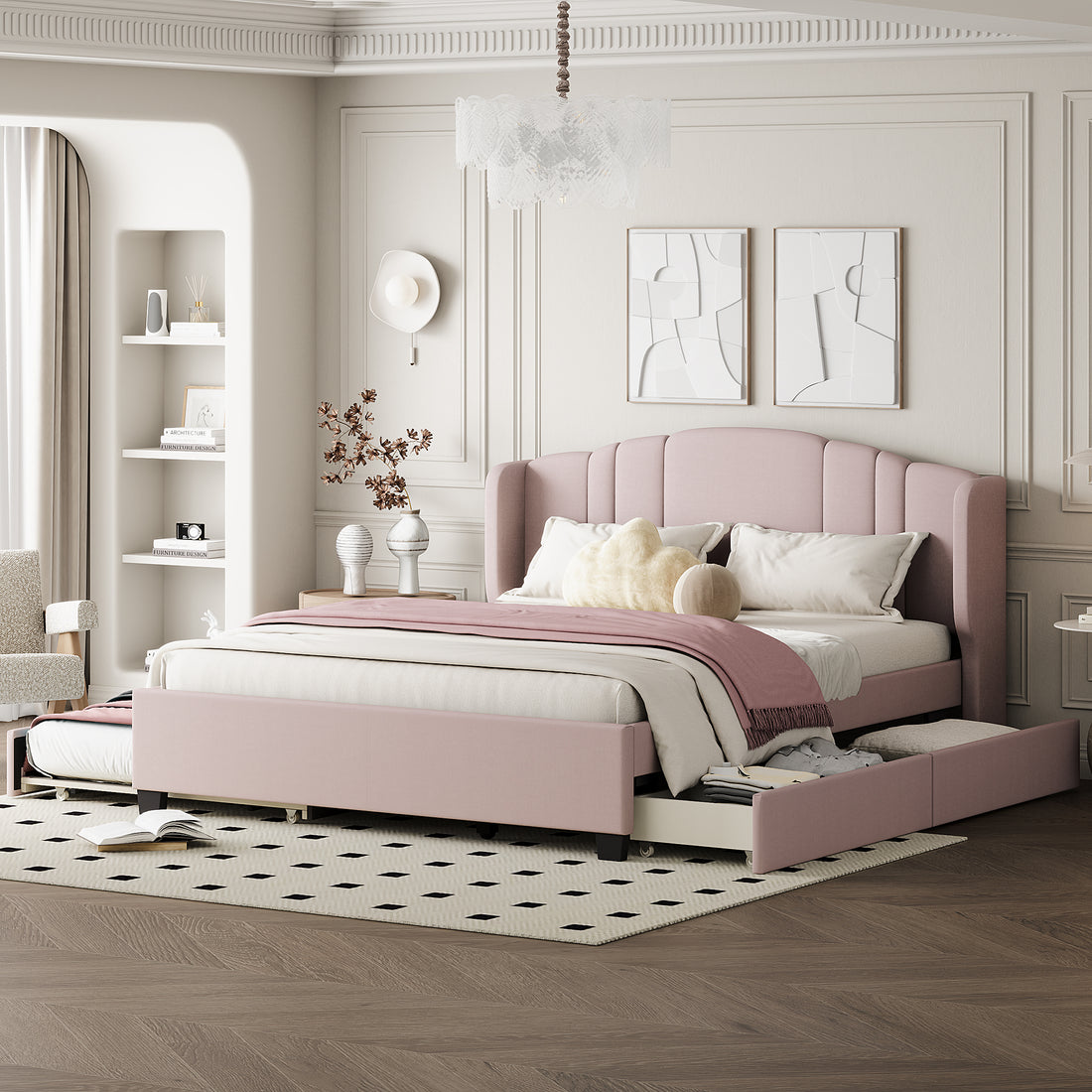 Upholstered Platform Bed With Wingback Headboard, One Twin Trundle And 2 Drawers, No Box Spring Needed, Linen Fabric, Queen Size Pink Pink Linen