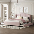 Upholstered Platform Bed With Wingback Headboard, One Twin Trundle And 2 Drawers, No Box Spring Needed, Linen Fabric, Queen Size Pink Pink Linen