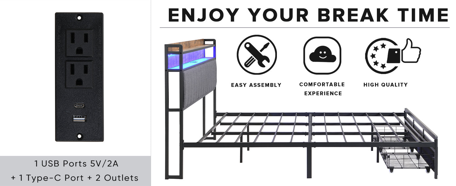 King Bed Frames With Storage Headboard And Drawers, Led Platform Bed Frame King Size, Led Upholstered Bed Frame With Charging Station, No Box Spring Needed, Easy Assembly, Grey Box Spring Not Required King Gray Metal Bedroom Bed Frame Mdf Metal