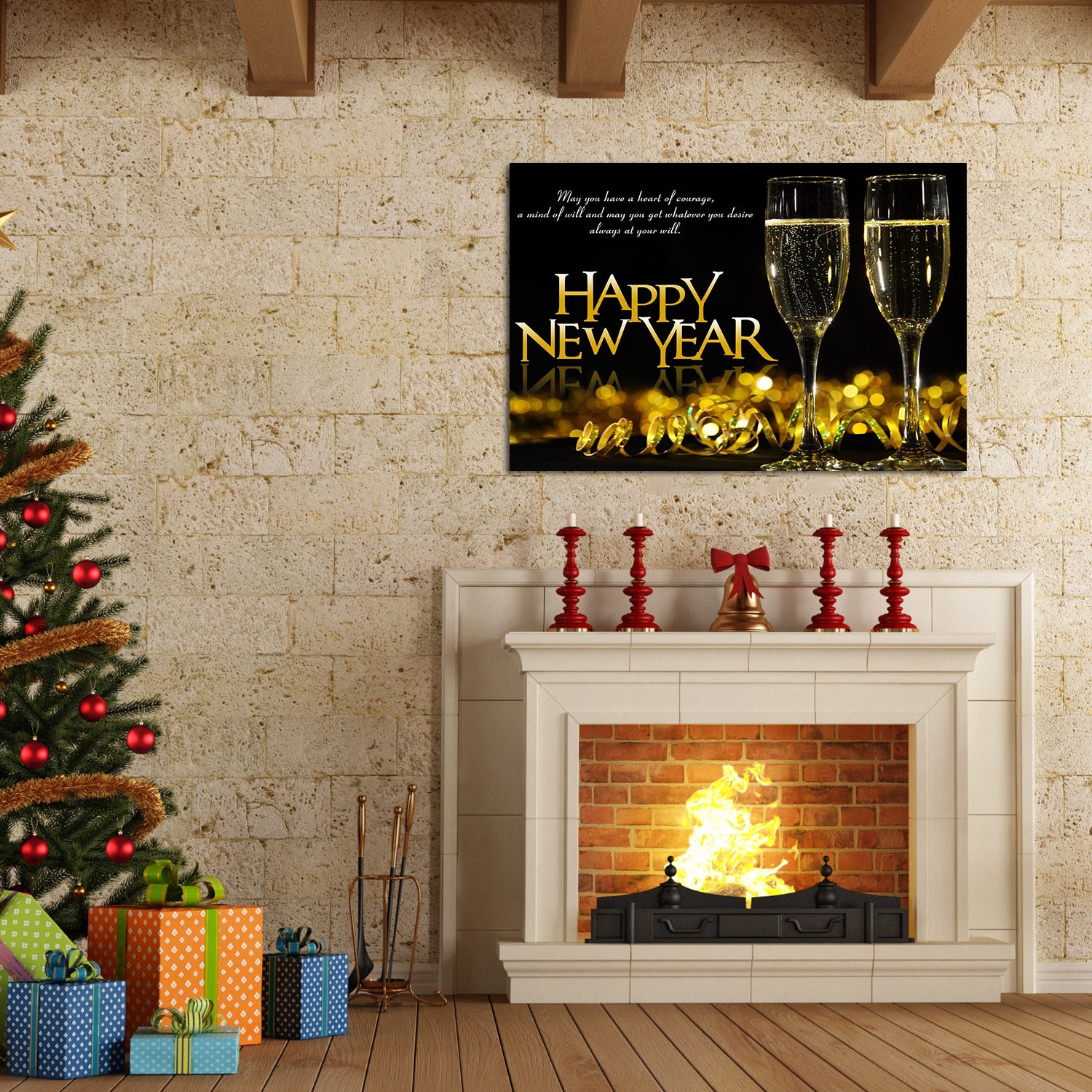 Framed Canvas Wall Art Decor Painting For Year, Golden Happy Year Bless Champagne Gift Painting For Year For Chrismas Eve Office Living Room, Bedroom Decor 3624In Thickness 1.5Inch Rectangle Framed Multicolor Year'S Oversized 41In Canvas Cultures And