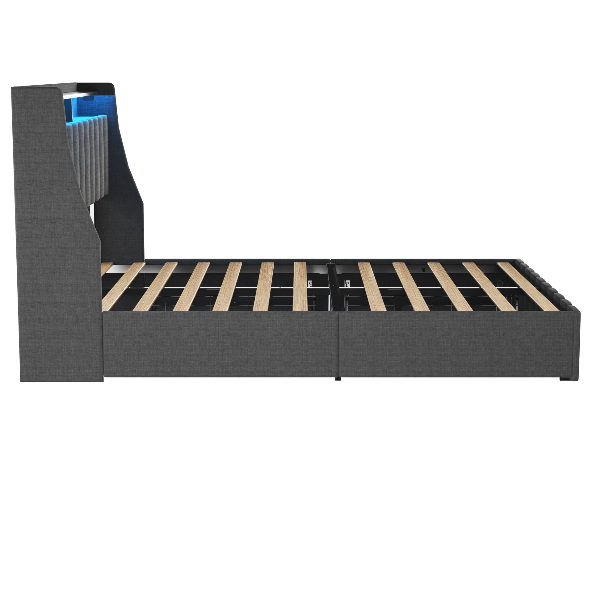 Queen Size Bed Frame With Led, 4 Under Bed Portable Storage Drawers, Wings Headboard Design, Dark Grey Box Spring Not Required Queen Dark Grey Metal Bedroom Bed Frame Upholstered Linen Upholstered