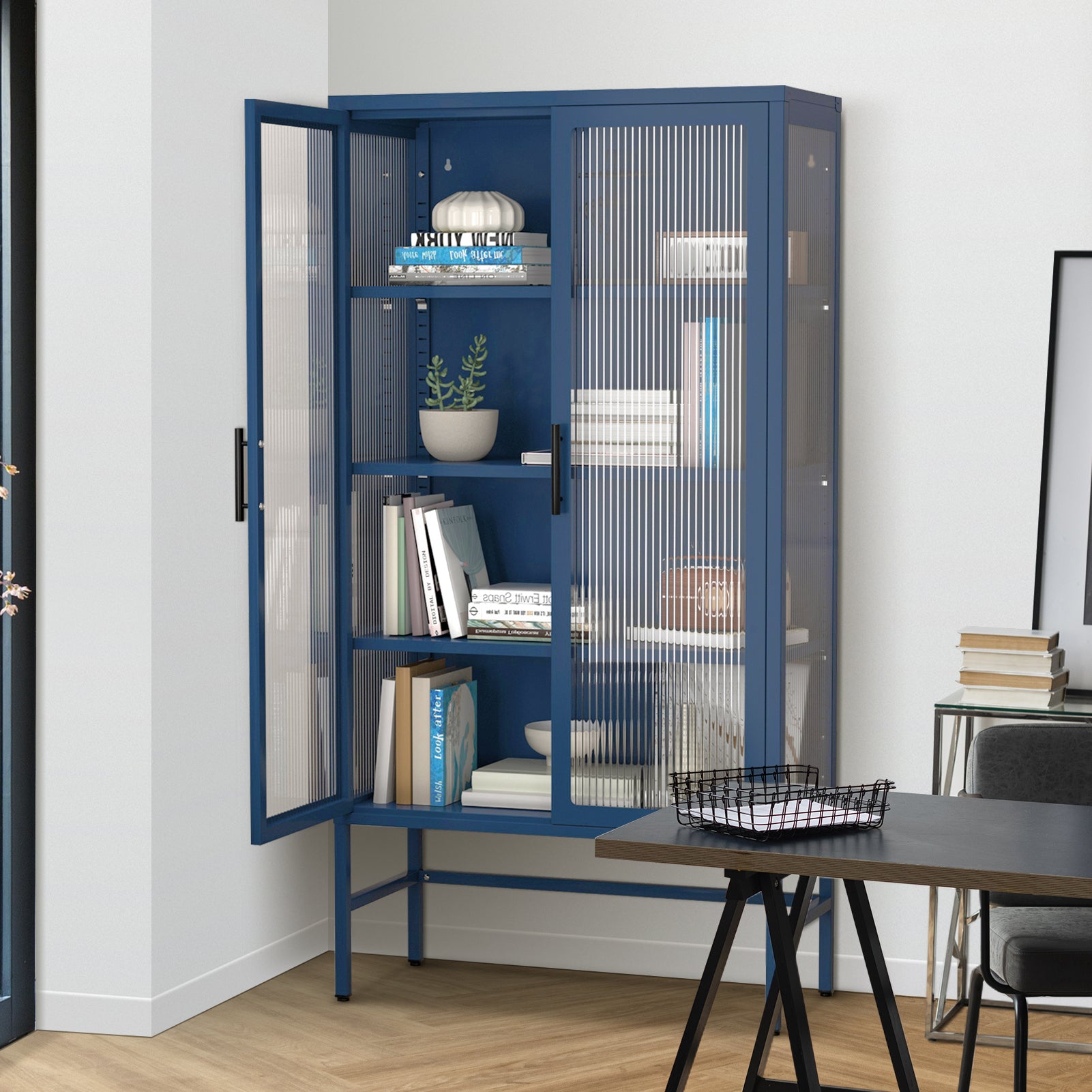 Double Glass Door Storage Cabinet With Adjustable Shelves And Feet Cold Rolled Steel Sideboard Furniture For Living Room Kitchen Blue Blue Tempered Glass