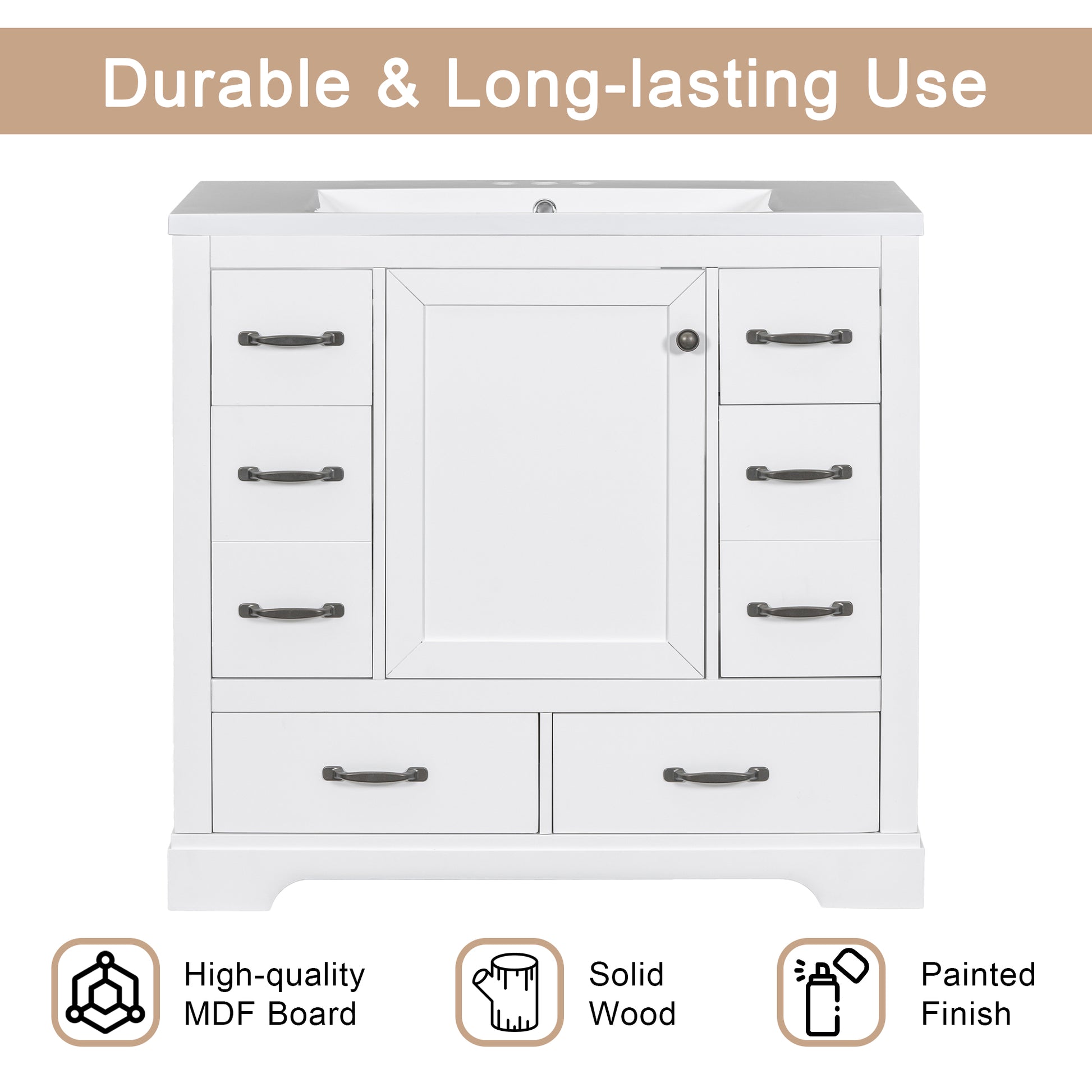 36" Bathroom Vanity With Sink Combo, Six Drawers, Multi Functional Drawer Divider, Adjustable Shelf, White Old Sku:Sy999808Aak White Solid Wood Mdf