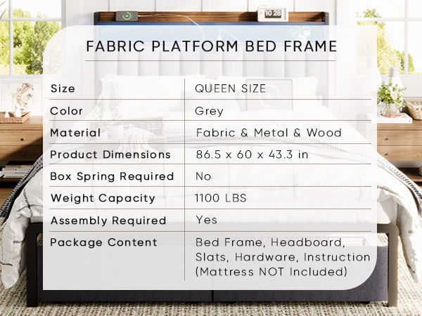 Queen Bed Frames With Storage Headboard And Drawers, Led Platform Bed Frame Queen Size, Led Upholstered Bed Frame With Charging Station, No Box Spring Needed, Easy Assembly, Grey Box Spring Not Required Gray Metal Bedroom Bed Frame Mdf Metal
