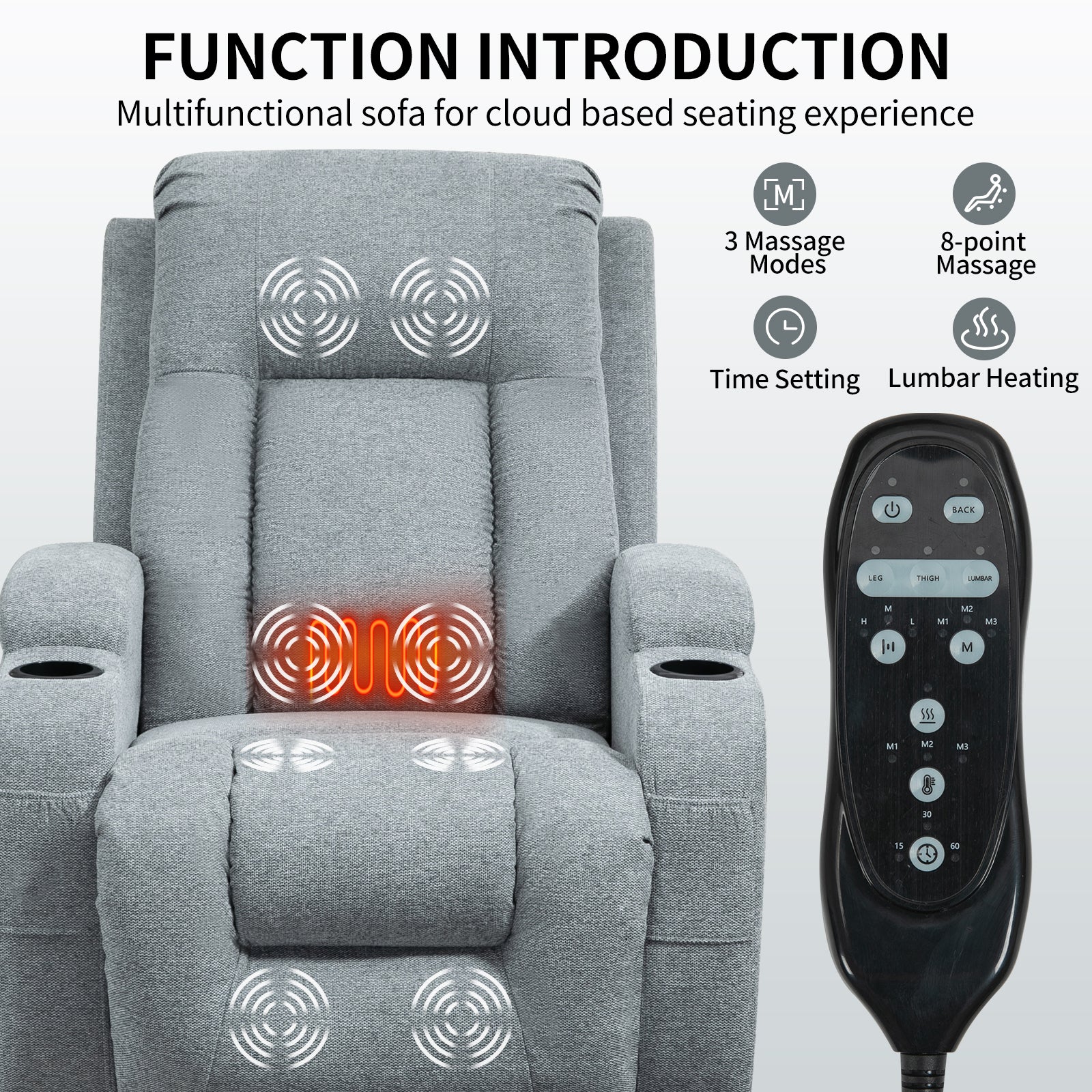 Infinite Position Single Motor Up To 350 Lbs Power Lift Recliner Chair For Elderly, Heavy Duty Motion Mechanism With 8 Point Vibration Massage And Lumbar Heating, Usb Charging Port, Cup Holders, Grey White Metal Primary Living Space Heavy Duty Pine Grey