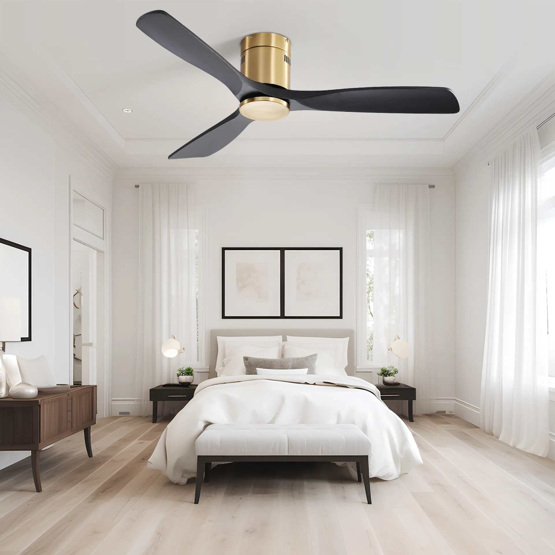 Indoor 52 Inch Ceiling Fan Without Light 3 Solid Wood Fan Blade Noiseless Reversible Dc Motor Remote Control For Living Room Gold Metal & Wood