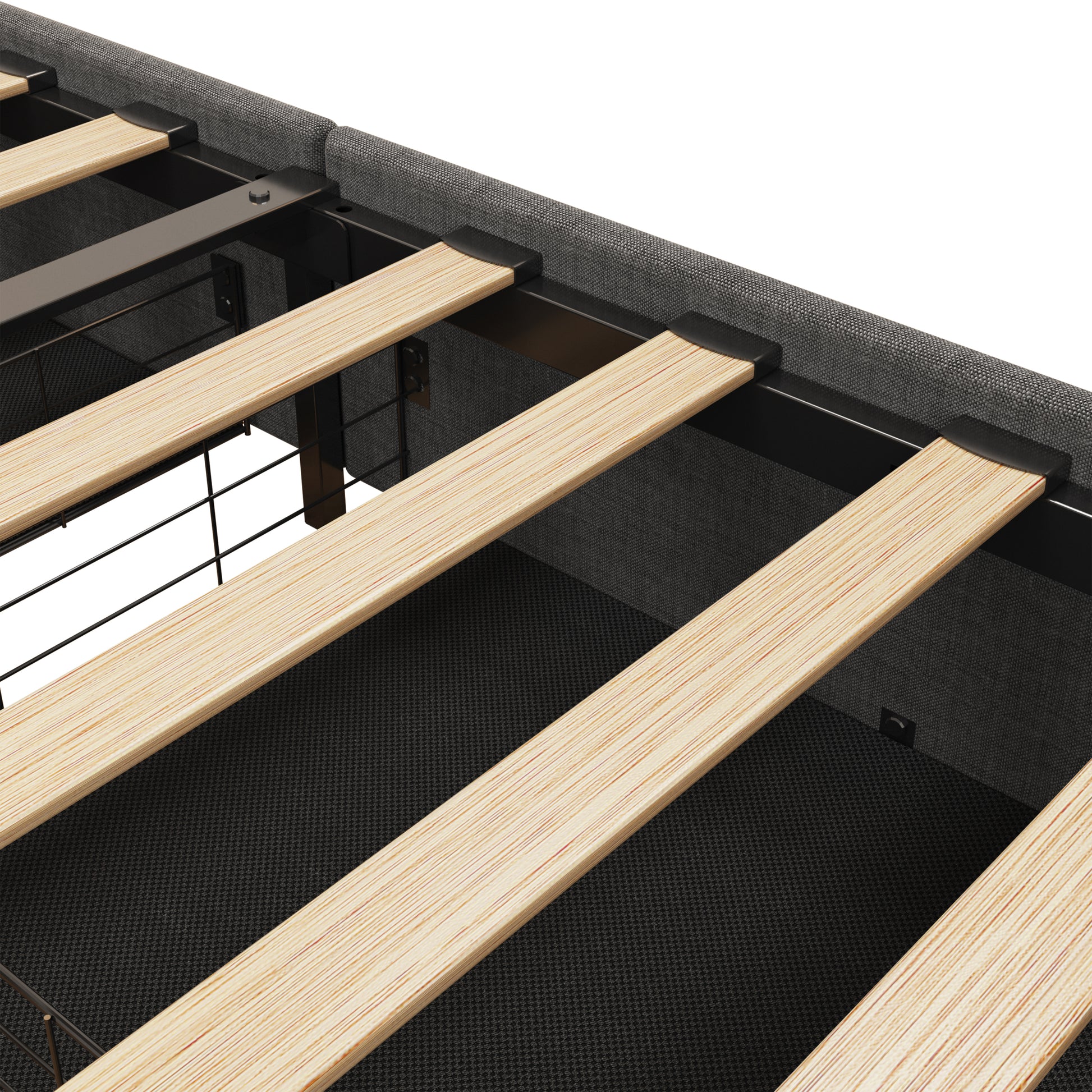 Queen Size Bed Frame With Led, 4 Under Bed Portable Storage Drawers, Wings Headboard Design, Dark Grey Box Spring Not Required Queen Dark Grey Metal Bedroom Bed Frame Upholstered Linen Upholstered