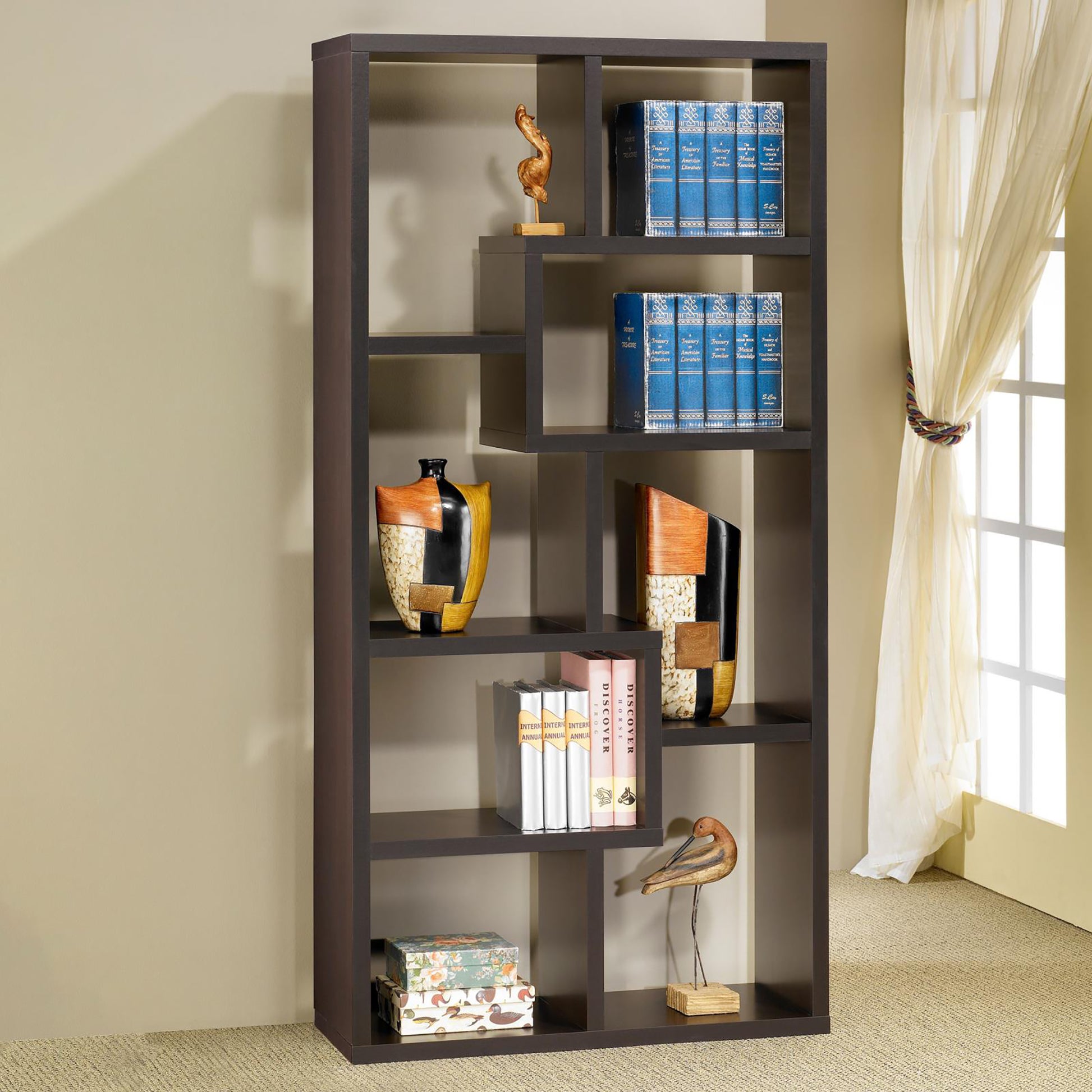 8 Shelf Cappuccino Geometric Bookcase 8 Or More Cappuccino Brown Standard Vertical Office Open Back Wood Transitional Wood