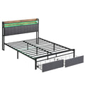 Full Bed Frames With Storage Headboard And Drawers, Led Platform Bed Frame Full Size, Led Upholstered Bed Frame With Charging Station, No Box Spring Needed, Easy Assembly, Grey Box Spring Not Required Full Gray Metal Bedroom Bed Frame Fabric Metal